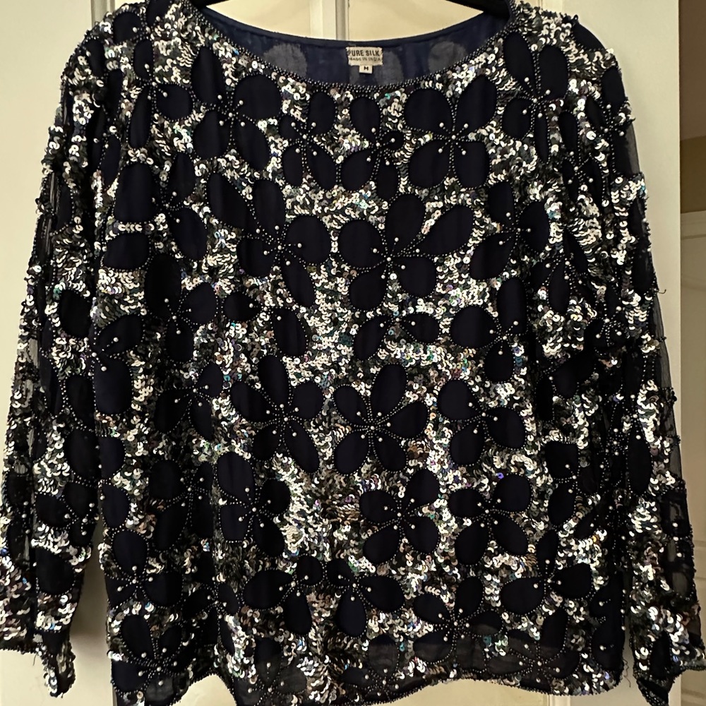 Gorgeous Silk Sequin Top, Blue, sheer sleeves covered in sequins Sz Medium